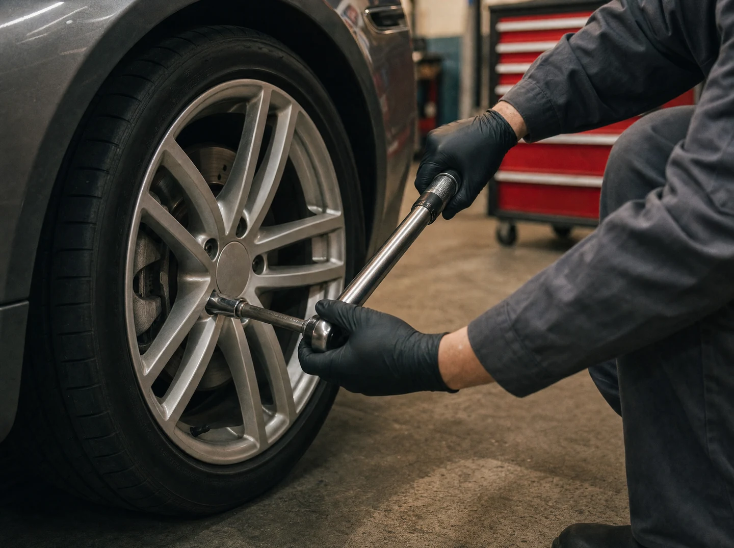 Mains gantées utilisant une clé dynamométrique sur une roue du coupé gris.
