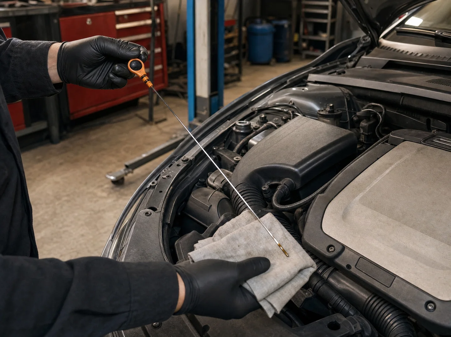 Mains gantées contrôlant le niveau d’huile dans le compartiment moteur du coupé gris.