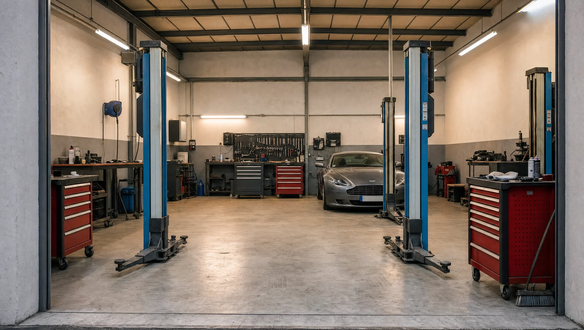 L’atelier automobile du concept Atelier 07, ses ponts bleus, ses établis et son coupé gris.