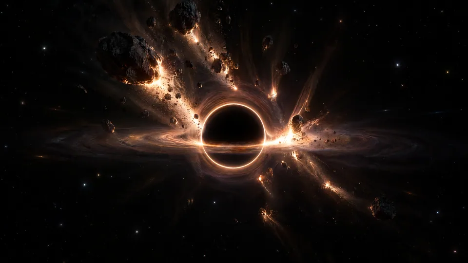Illustration : des astéroïdes se brisent et se vaporisent en éclats lumineux en tombant vers un trou noir.