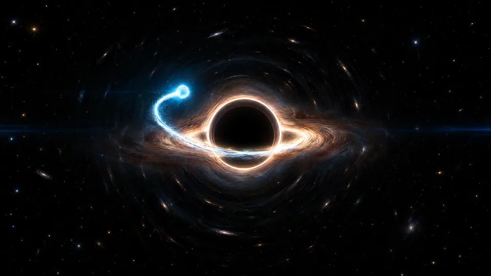 Illustration : une étoile à neutrons cyan spirale vers un trou noir de masse stellaire.