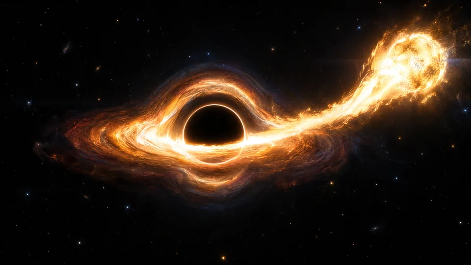 Illustration : une étoile étirée en ruban de gaz incandescent qui spirale vers le disque d’accrétion d’un trou noir.