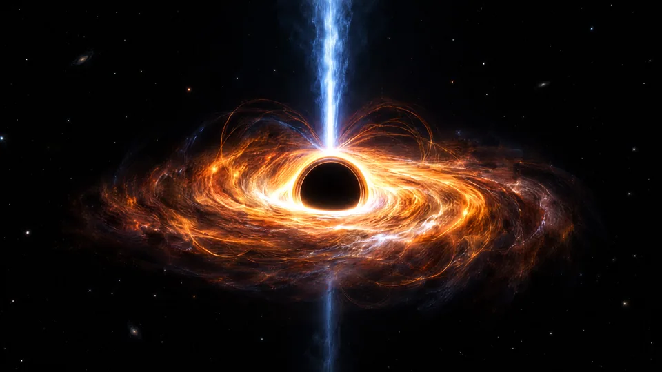 Illustration : le plasma turbulent d’un disque d’accrétion et un jet relativiste bleu-blanc.
