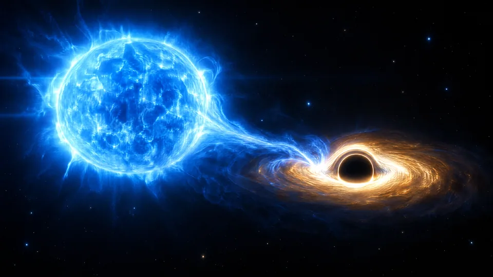 Illustration : une supergéante bleue dont le vent stellaire alimente le disque d’un trou noir voisin.