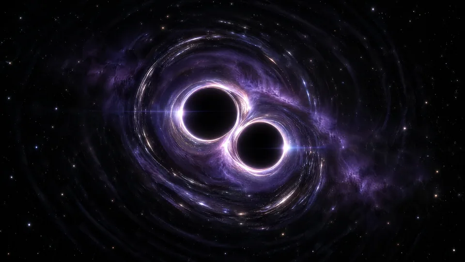 Illustration : deux trous noirs très proches, cernés de lumière, sur le point de fusionner.