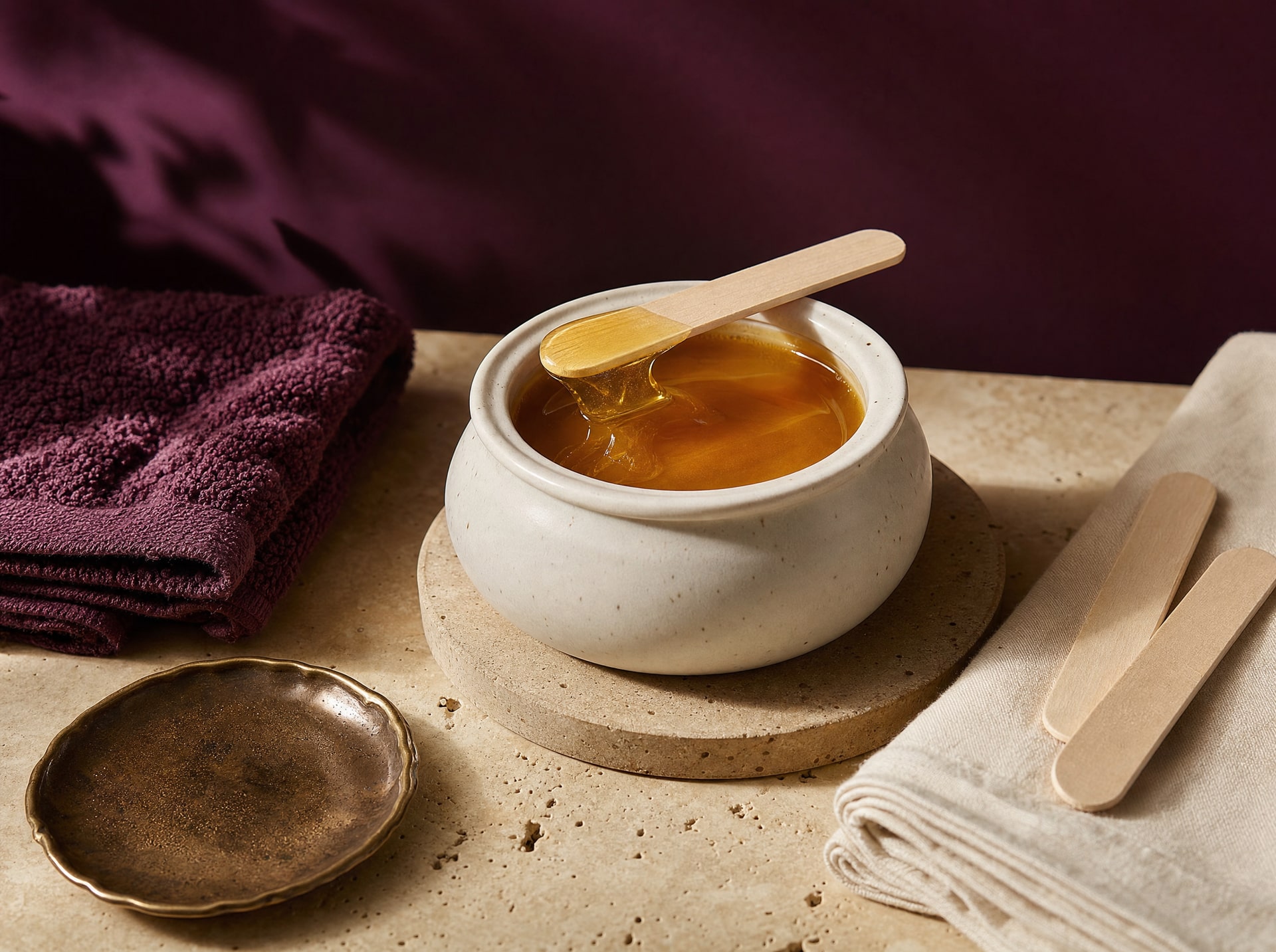 Pot de cire dorée, spatules en bois et linge de soin dans une composition d’épilation.