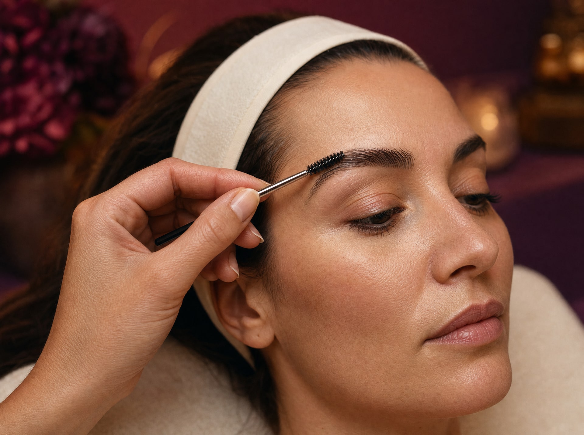 Un goupillon utilisé avec précision pour mettre en forme un sourcil.