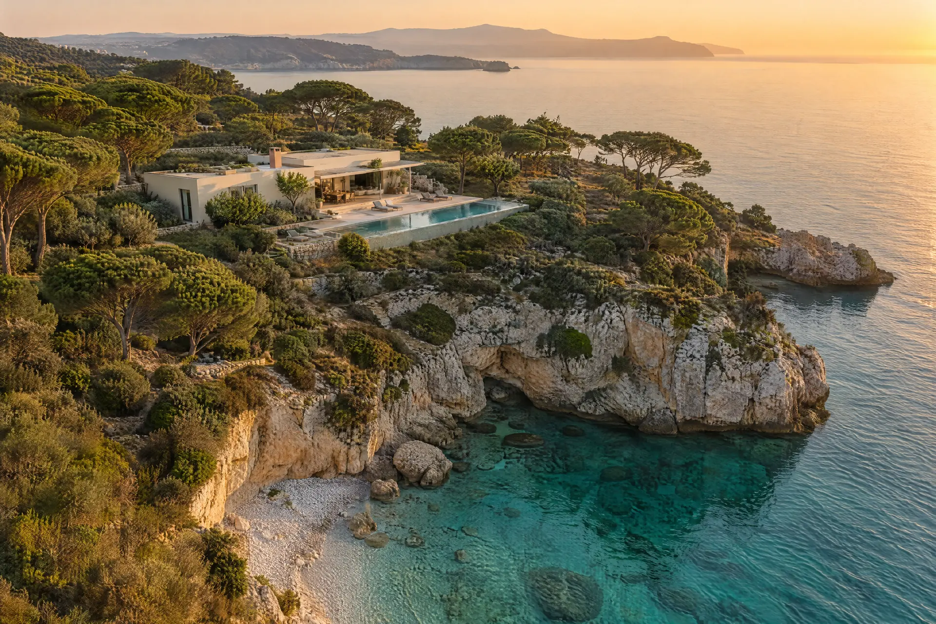 Vue aérienne d’une villa de pierre parmi les pins, au-dessus d’une crique turquoise