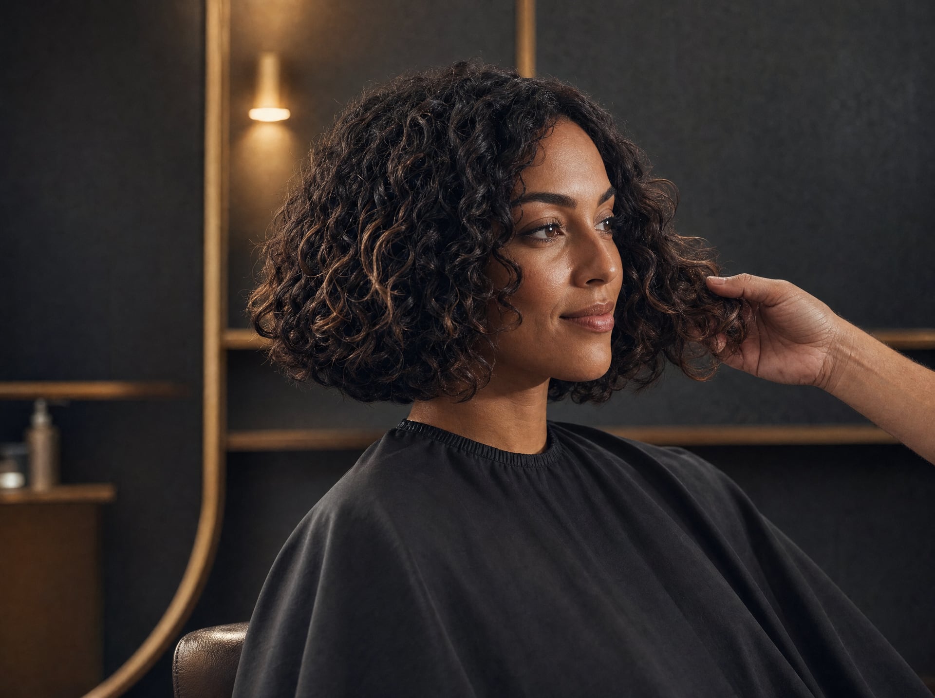 Coiffage de boucles naturelles sur un carré, avec un geste délicat du coiffeur.