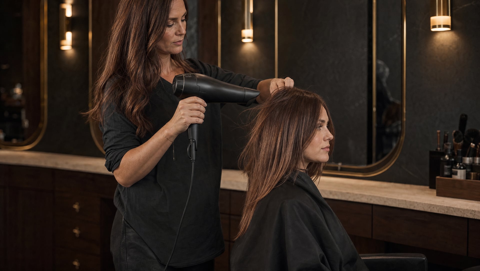 Une coiffeuse réalise un brushing sur une cliente dans le salon Sillage Noir.