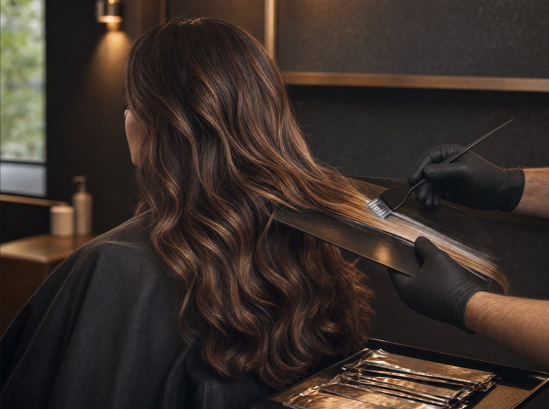 Application précise d’une couleur sur une mèche de cheveux dans le salon.