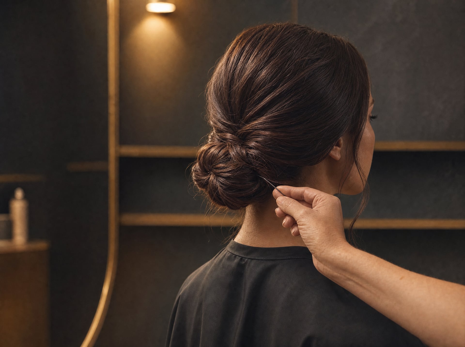 Chignon bas travaillé avec précision et pose d’une épingle par le coiffeur.