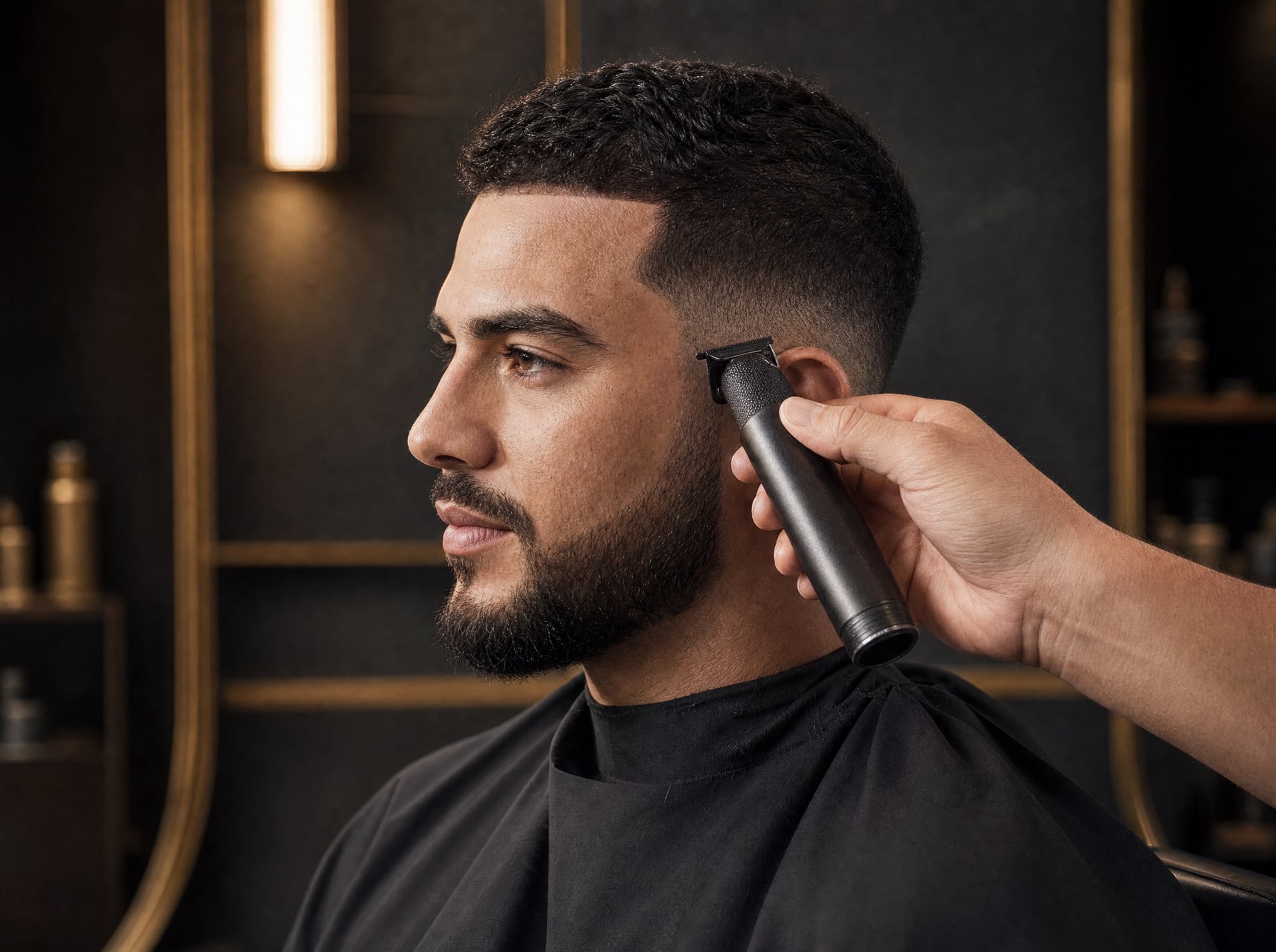 Finition d’une coupe masculine à la tondeuse près de la tempe.