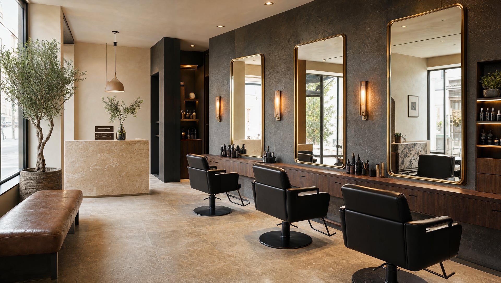 Salon aux fauteuils noirs, aux grands miroirs et aux matières chaudes, imaginé pour Sillage Noir.
